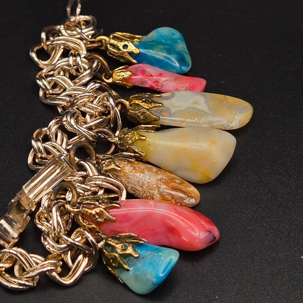 Vintage Germany Gold Tone Double Link Multi Color Tumbled Stone Charm‎ Bracelet - Picture 6 of 7
